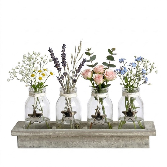 Support en bois pour 4 pots 26,5x9 x h3,5/11cm avec Pot en verre 5xh10cm - Gris / argent – Image 2