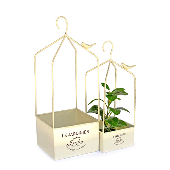 Jardinières cages a suspendre en métal peint beige 14 x 14 x H 41cm-et 18 x 18 x H 51cm - Fer - immagine 2
