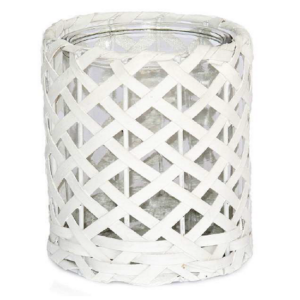 Grand bougeoir rond en osier blanc 11,5 diam. x h16 cm avec Pot en verre 10 diam x h15cm