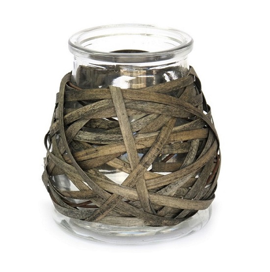 Petit bougeoir en verre et osier, H 18cm - Incolore / transparent, Cristal