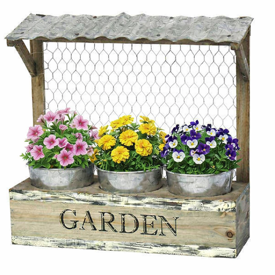 Jardinière en bois avec 3 cubes en zinc 34x12 x h34cm Pots de fleurs 10x8xh9cm - Gris / argent, Bois et métal - Imagen 2