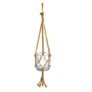 Pendant en verre avec grande corde Pot en verre 15 diam x h17cm Hauteur totale avec corde 90 cm – Beige