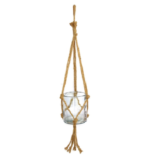 Pendant en verre avec grande corde Pot en verre 15 diam x h17cm Hauteur totale avec corde 90 cm - Beige