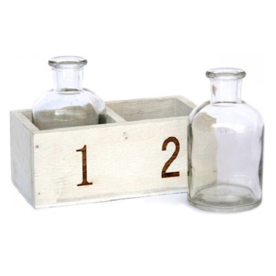 Support en bois blanc 14,5x7,5cm x h6/11cm avec 2 carafes en verre 5,5 cm diam x h10cm – Image 2