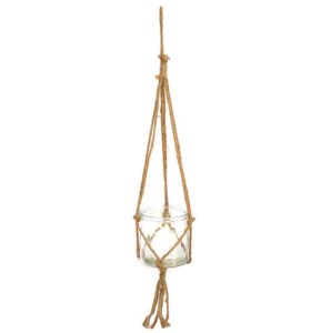 Porte bougie suspendu verre et corde, 72cm – Marron