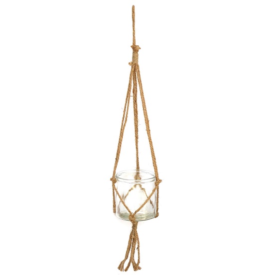 Porte bougie suspendu verre et corde, 72cm - Marron