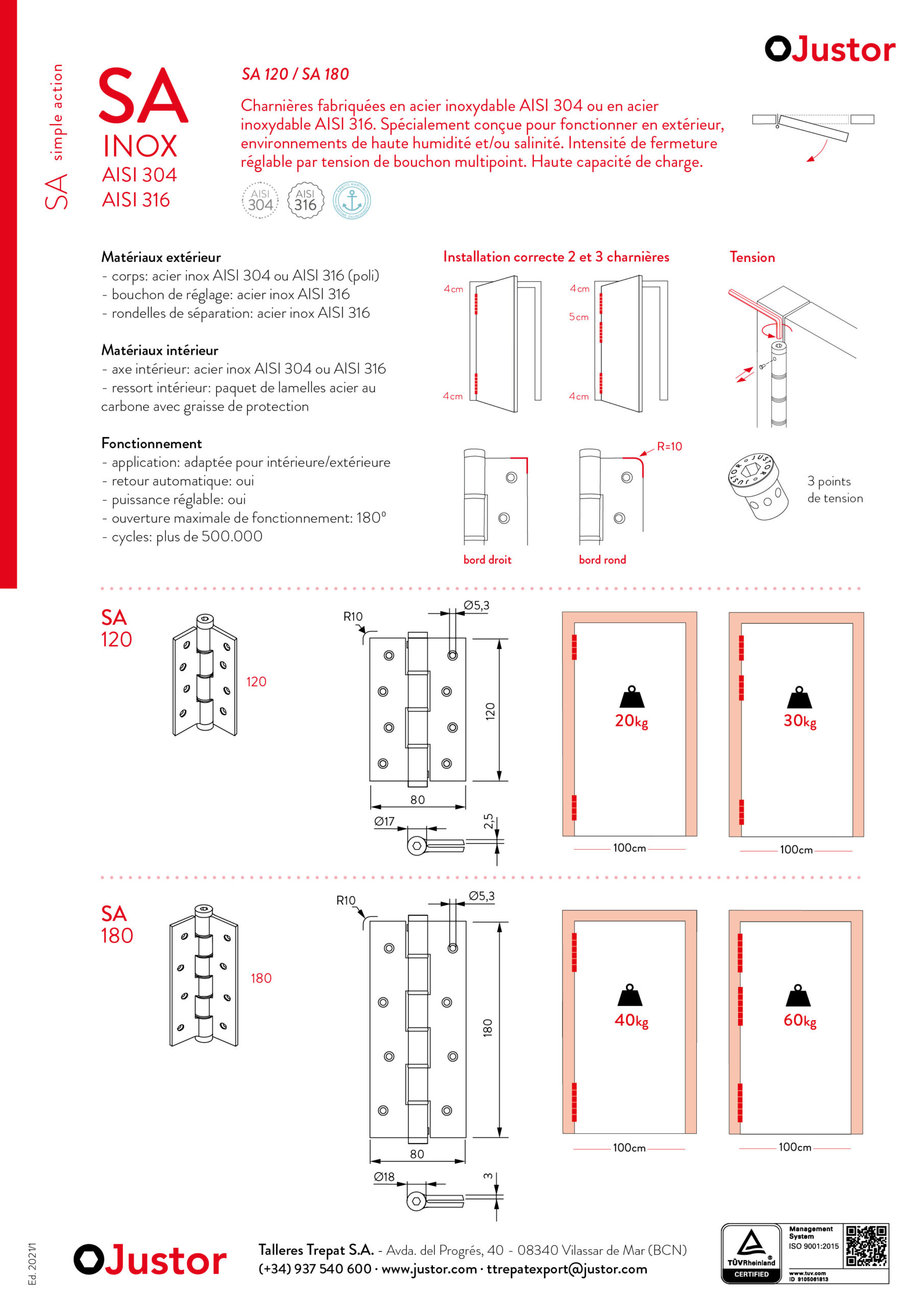 Charnière simple action à ressort, 120X40 mm, en acier inox 316, pour porte de 40 mm - Gris / argent, Acier inoxydable – Image 6