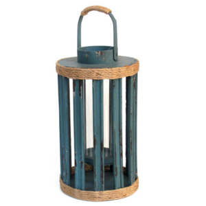 Lanterne en bois bleu 24,5×24,5 x hauteur 56cm avec support bougie en verre – Bois et verre