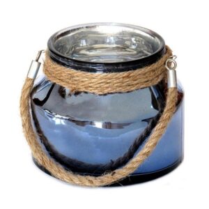 Porte-bougie en verre bleu poignée en corde, D 15,5 cm – Cristal