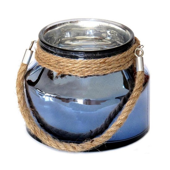 Porte-bougie en verre bleu poignée en corde, D 15,5 cm - Cristal