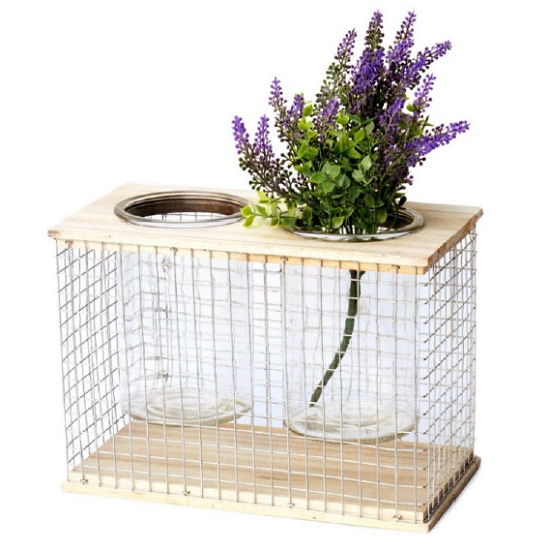 Bougeoir double en fil de fer et bois 27x14 x h19,5cm avec 2 Pots en verre 9,7 diam x 14,5cm - Multicouleur, Bois et métal – Image 2