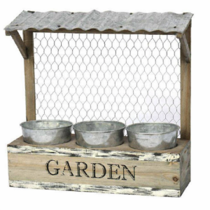 Jardinière en bois avec 3 cubes en zinc 34×12 x h34cm Pots de fleurs 10x8xh9cm – Gris / argent, Bois et métal