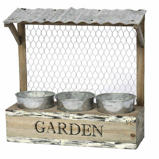 Jardinière en bois avec 3 cubes en zinc 34x12 x h34cm Pots de fleurs 10x8xh9cm - Gris / argent, Bois et métal