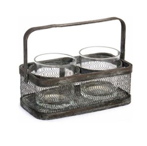Bougeoir panier en fer, avec 2 bocaux en verre – Marron, Métal