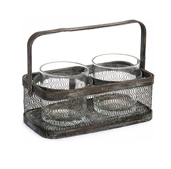Bougeoir panier en fer, avec 2 bocaux en verre - Marron, Métal