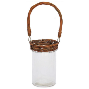 Porte bougie en verre et osier marron diamètre 10 x Hauteur 17 cm – Transparent