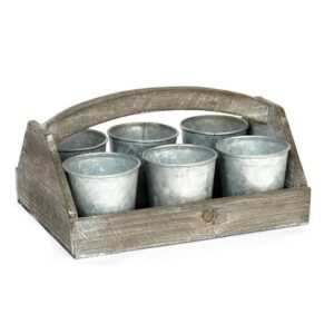 Plateau en bois peint avec 6 pots en zinc – Marron