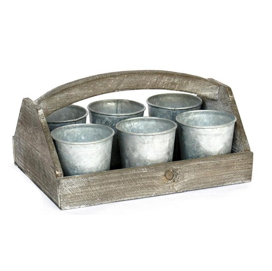 Plateau en bois peint avec 6 pots en zinc - Marron