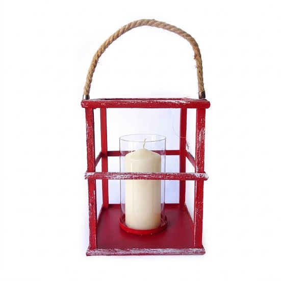 Porte bougie en fibre naturelle 16x16 x h21cm avec poignée en corde et verre 7 diam. x h 14cm rouge Lot de 2 – Image 2