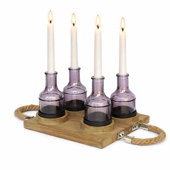 Plateau en bois porte bougie avec poignées en corde 22x22 x H16cm avec 6 bouteilles en verre D 6,5 x h 11cm - Multicouleur, Bois et verre – Image 2