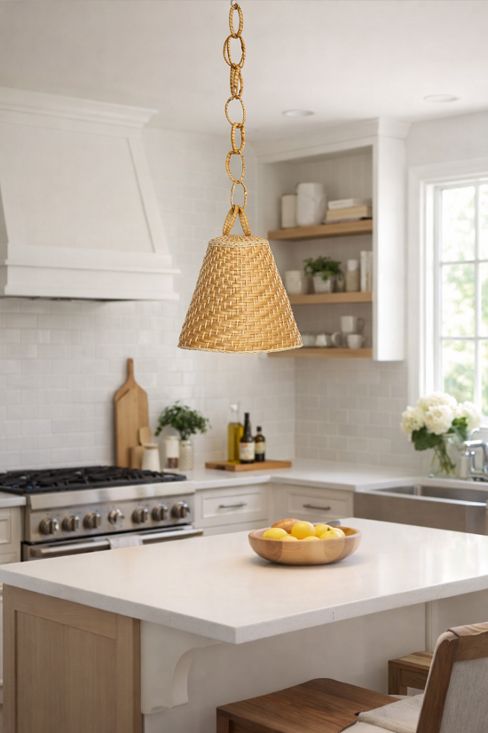 Abat jour en osier naturel 27 cm de diamètre et 24cm de haut- Chaîne 40 cm -sans passe-câble - Beige, Bois - Imagen 2