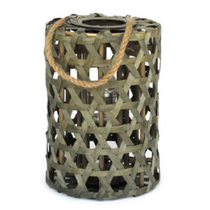 Bougeoir cylindrique vert en osier 27 diam x h39cm et pot en verre 8 diam x h8cm