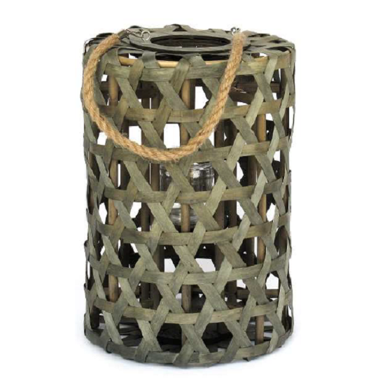 Bougeoir cylindrique vert en osier 27 diam x h39cm et pot en verre 8 diam x h8cm
