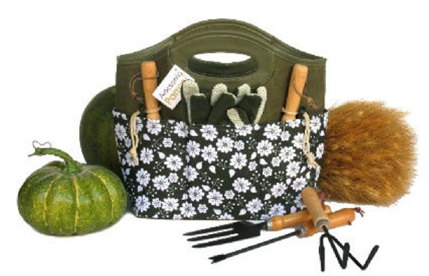 Sac en polyester 40,5x12,5 x h32cm avec set de jardinage 5 ustensiles en acier entre 24 et 29 cm de long manche bois et gants - Vert – Image 2