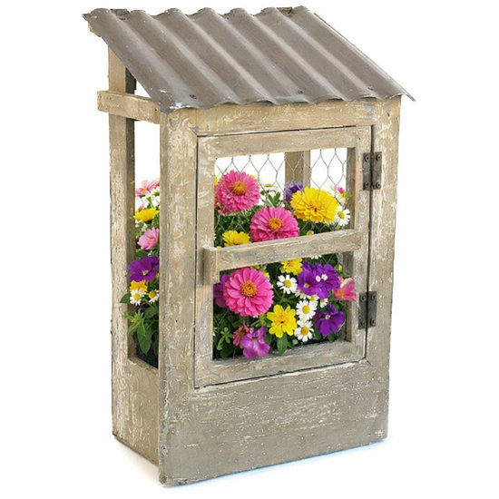 Jardinière maison en bois et fil de fer 20,5x12 x h33cm- Intérieur plastique - Marron, Bois et métal – Image 2