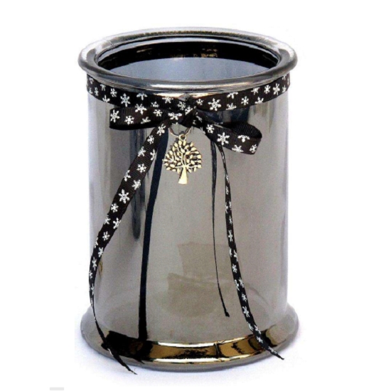 Bougeoir en verre gris avec ruban en tissu, 13 cm de diamètre x 17 cm de hauteur - Transparent