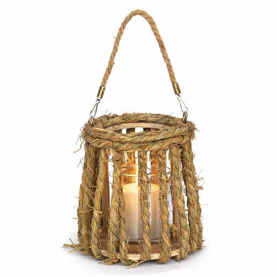 Bougeoir moyen en sparte bois et corde 16,5 diam x base 20 diam x h19cm avec pot en verre 10 diam x 10cm - Beige, Osier – Image 2