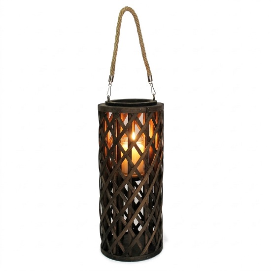 Lanterne cylindrique en bois avec grosse corde 20,5diam x h50cm avec pot en verre 12 diam x 12cm H - Marron, Bois et verre – Image 2