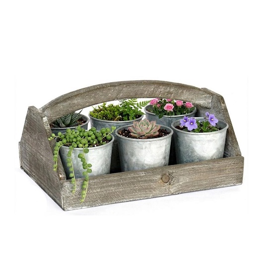 Plateau en bois peint avec 6 pots en zinc - Marron – Image 2
