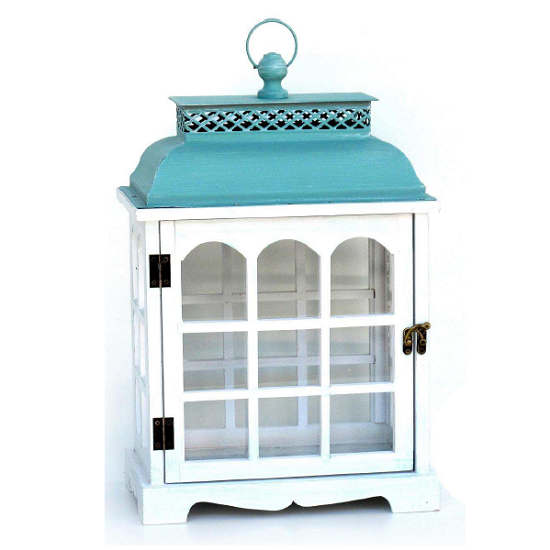 Petite lanterne vitrée blanc et bleu 31,3x19 x h48cm Intérieur 26 x 14 x h27cm - Bois