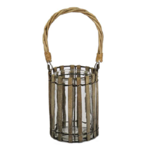 Bougeoir rond  en bois et metal avec grande anse en osier D 12 x H 16 cm avec Pot en verre D 10 x Hr 15cm – Multicouleur, Bois et verre
